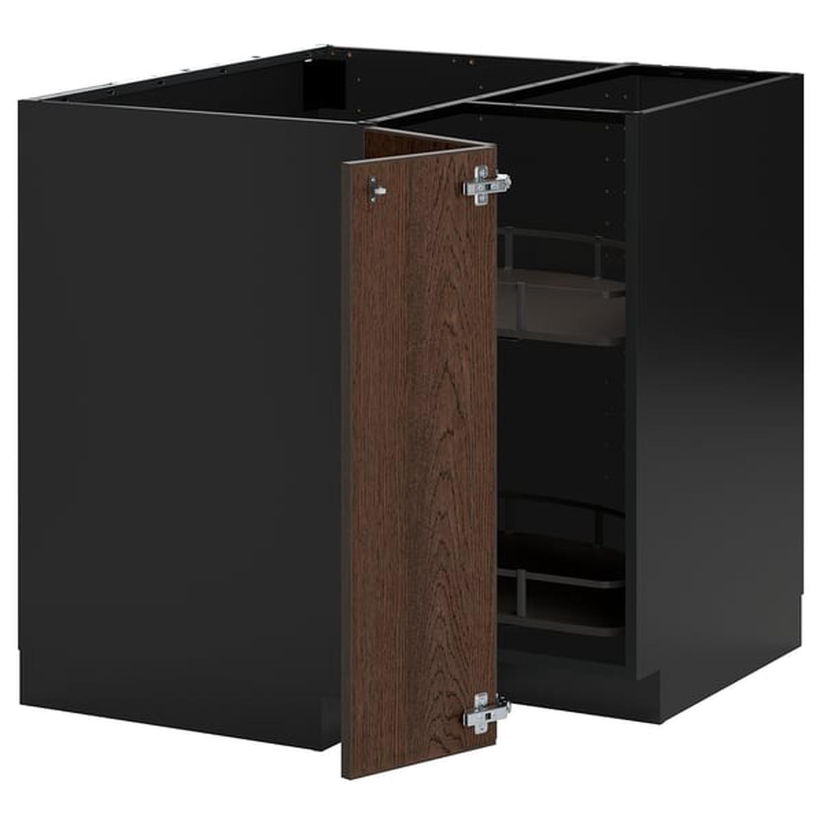 METOD corner base cabinet with carousel, black-grey/Sinarp brown, 88×88 cm