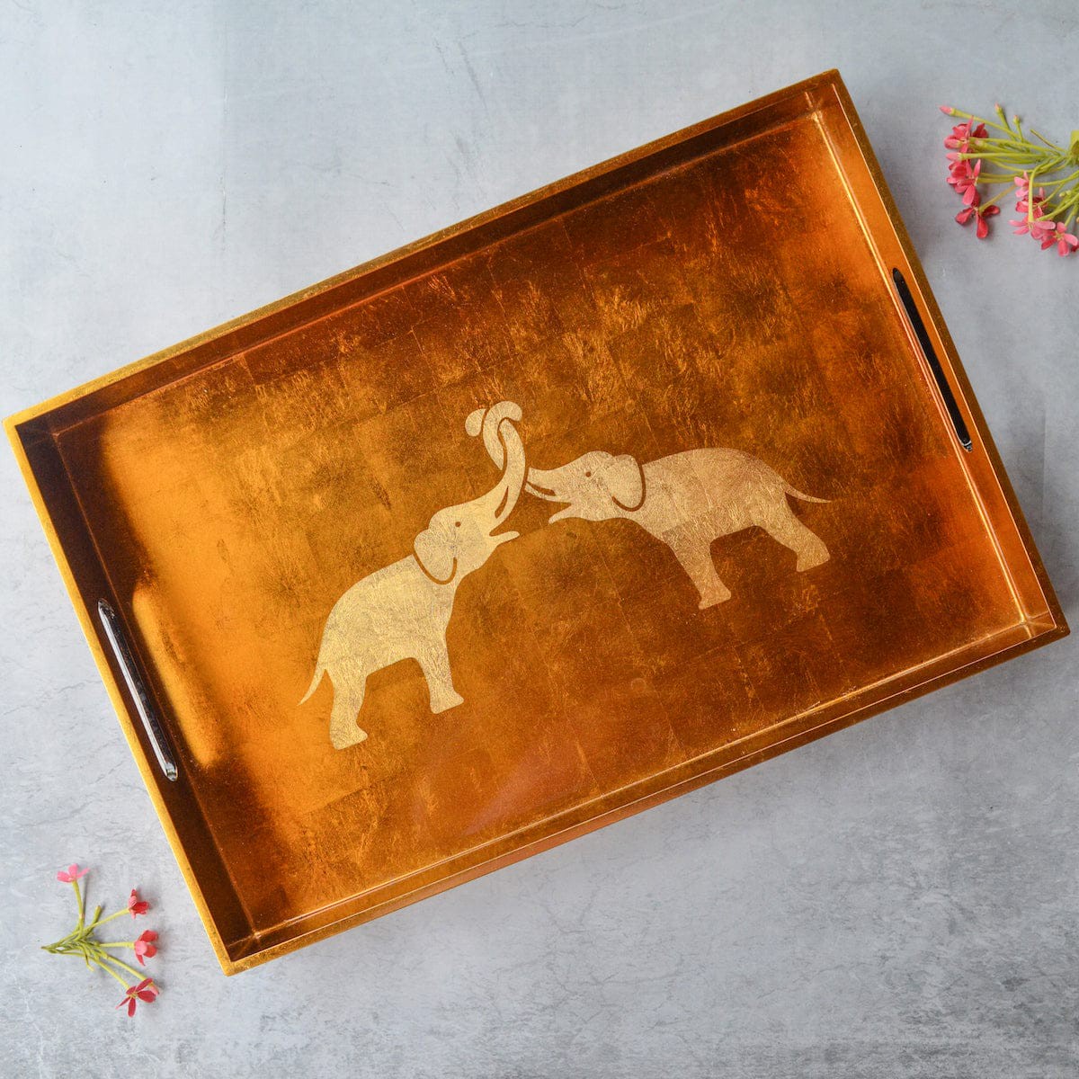 Rectangle Lacquer Tray With Elephant Design – Copper