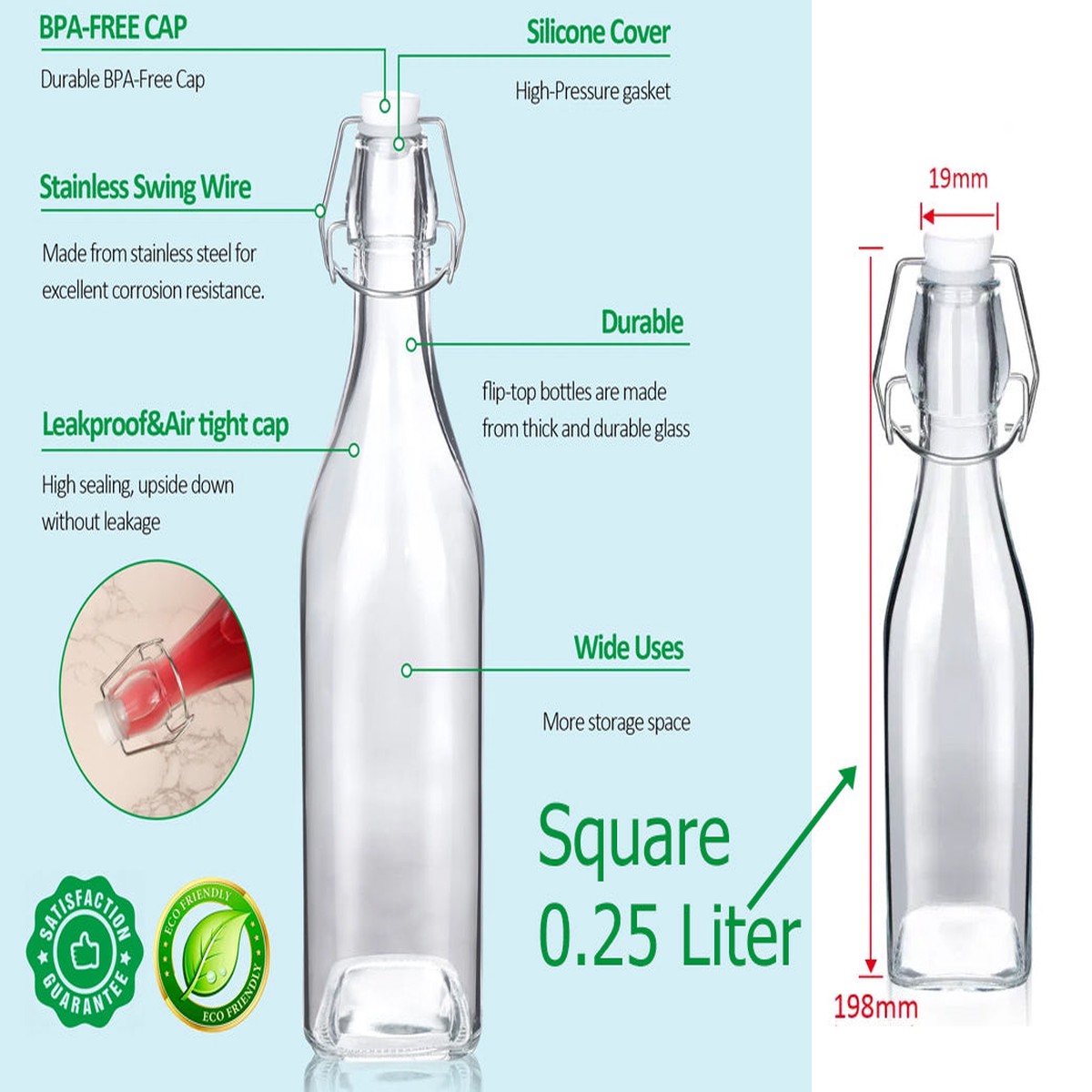 SquareGlass Bottle with Flip-top Airtight Lid 0.25 Liter