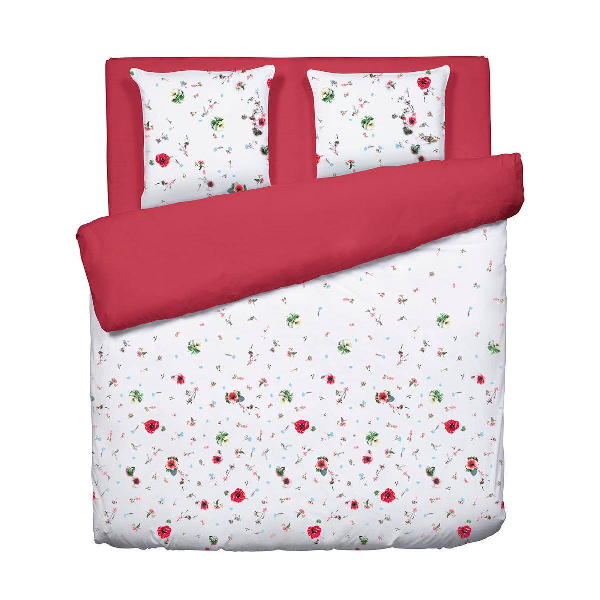 Duvet cover + pillowcase(s) cotton satin – Herbier Solair Floral Raspberry red – 250 x 200 cm + 2 x (50 x 80 cm)