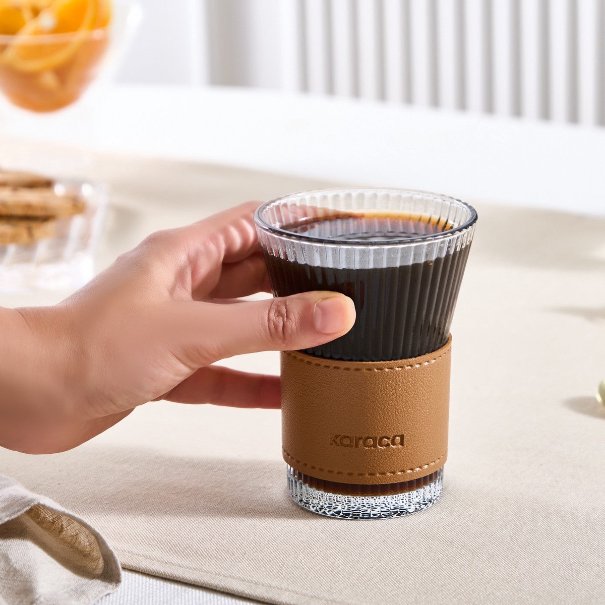 Karaca Leather Cool Touch Latte Coffee Glass, 210 Ml, Brown