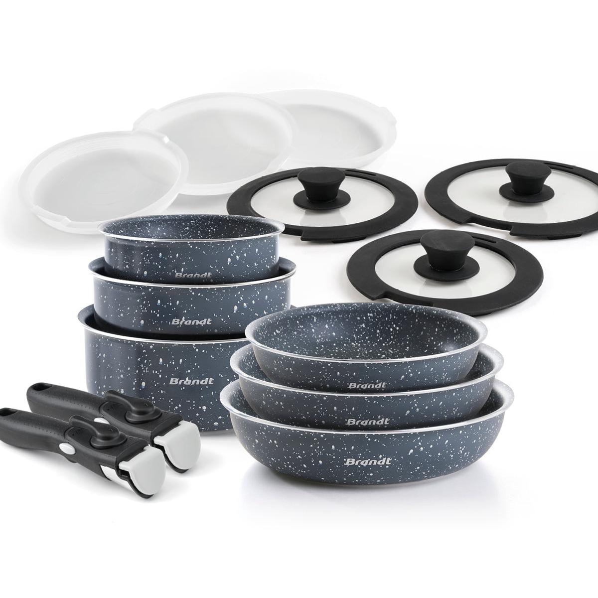 Stackable cookware set with removable handle 14 pieces – Grey marble