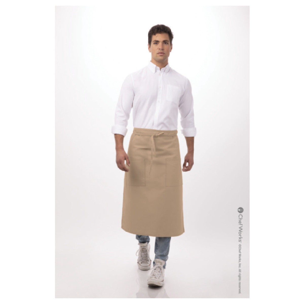 Chef Works 122A-KHA-0 27 Inch Bistro Waist Apron with 2 Patch Pockets Khaki Polycotton