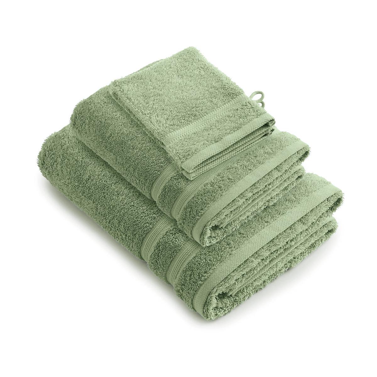 Complete bath linen set combed cotton – Vague – 50 x 100 cm + 70 x 140 cm + 2 x (15 x 21 cm) – Almond green
