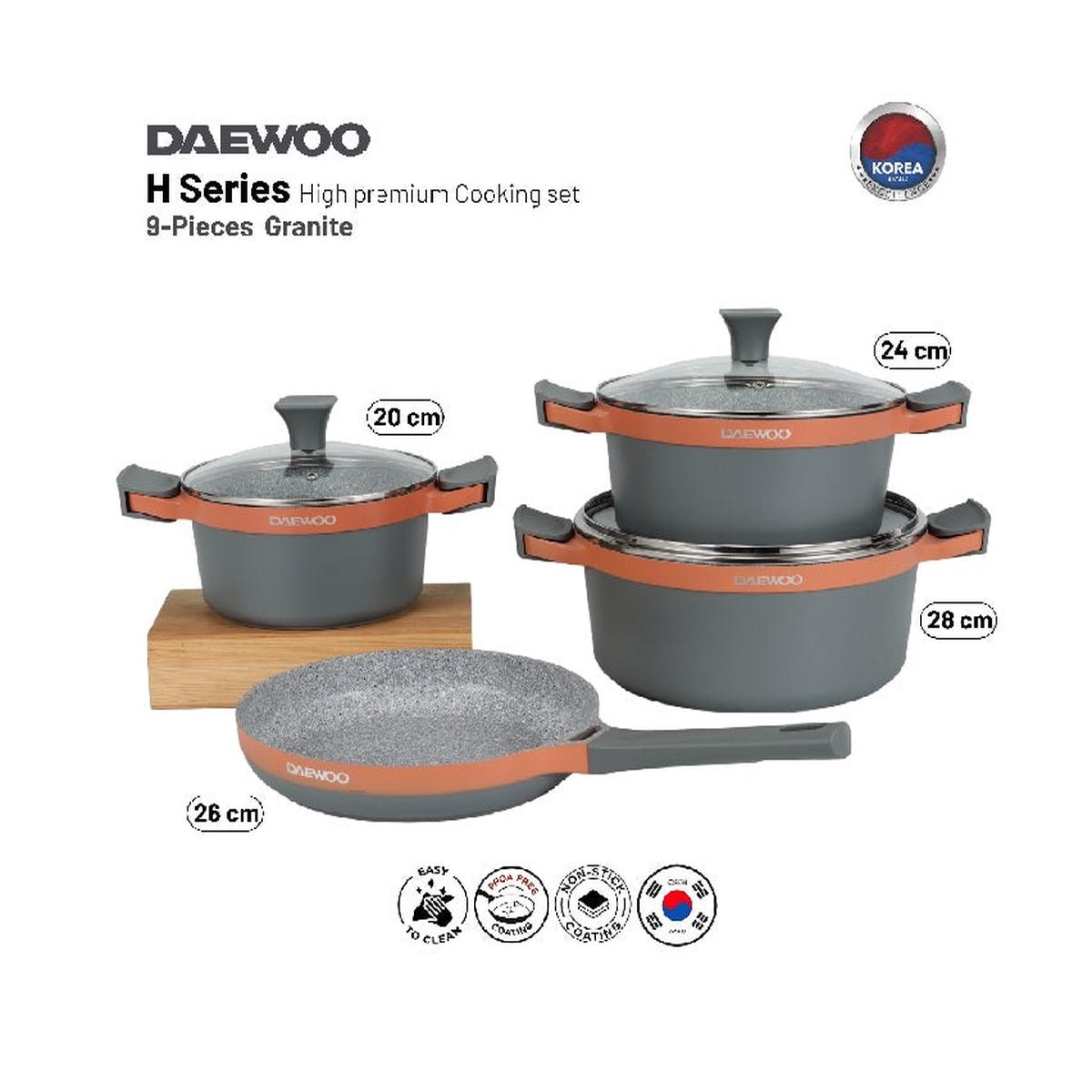 Daewoo H Series 7 Pcs Granite Cooking Set 28, 24, 20 Cm Pot, 26 Cm Pan With 2 Pcs Of Utensil Tools – Orange & Grey
