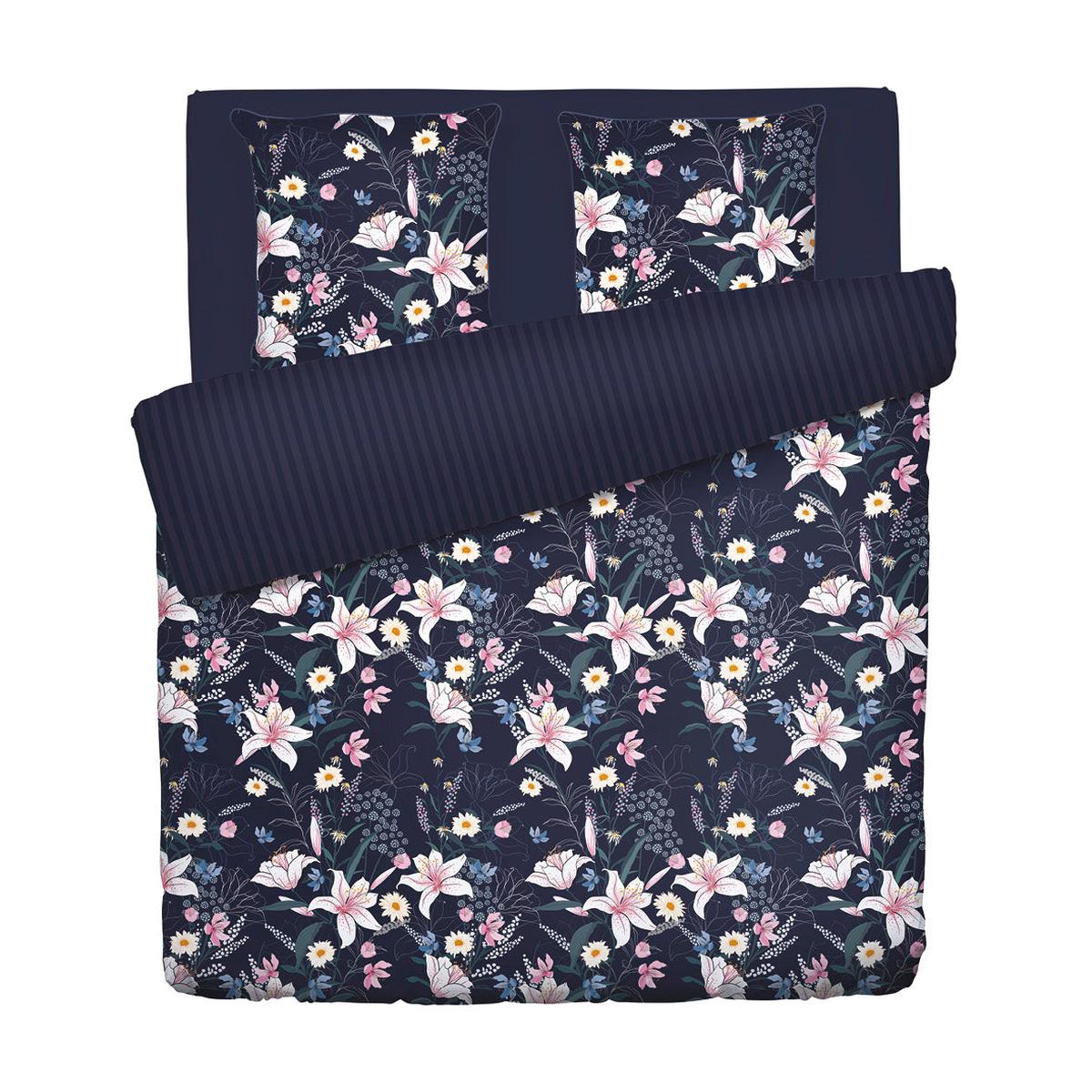 Duvet cover + pillowcase(s) cotton satin – Jardin rveur Dark blue – 260 x 240 cm + 2 x (63 x 63 cm)