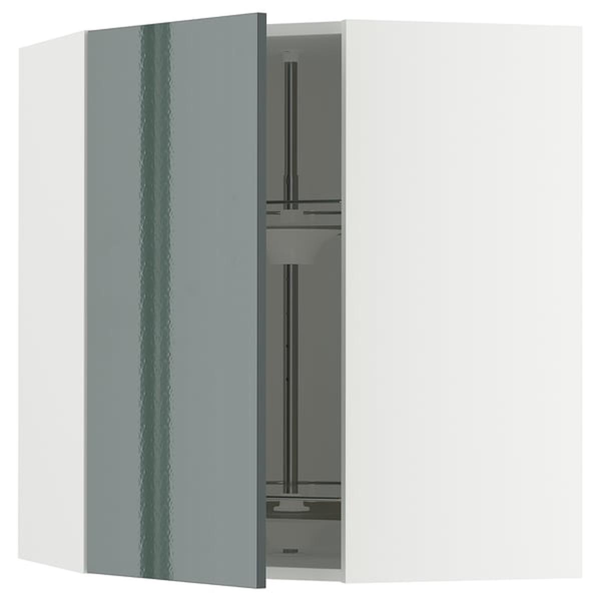 METOD corner wall cabinet with carousel, white/Kallarp high-gloss dark grey-green, 68×80 cm