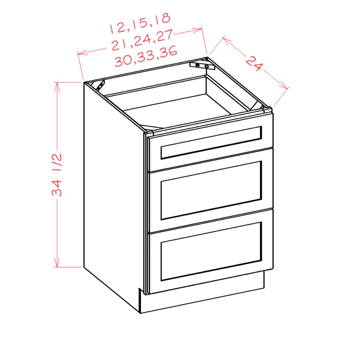Shaker Grey 33″ 3-Drawer Base Cabinet