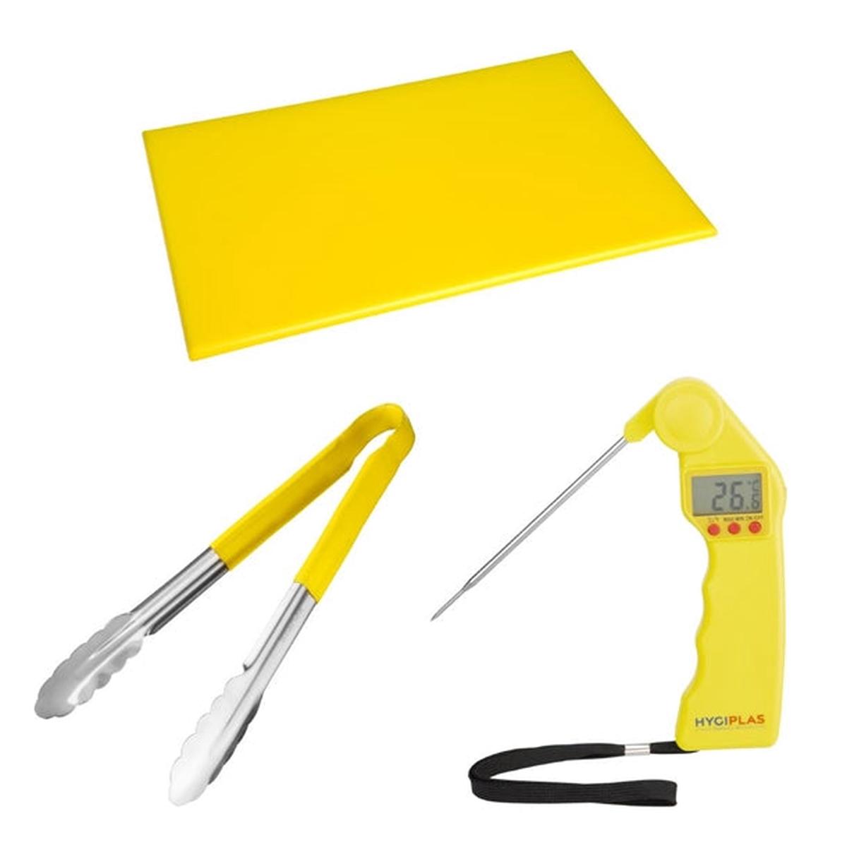 Hygiplas Colour Coded Yellow Set – Tong Chopping Board & Thermometer (Set of 3) – SA790