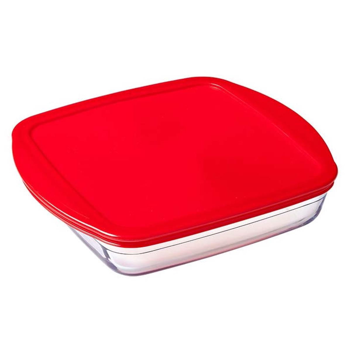 O Cuisine Glass Square Dish with Plastic Lid, Approx 1.6 litre, Red