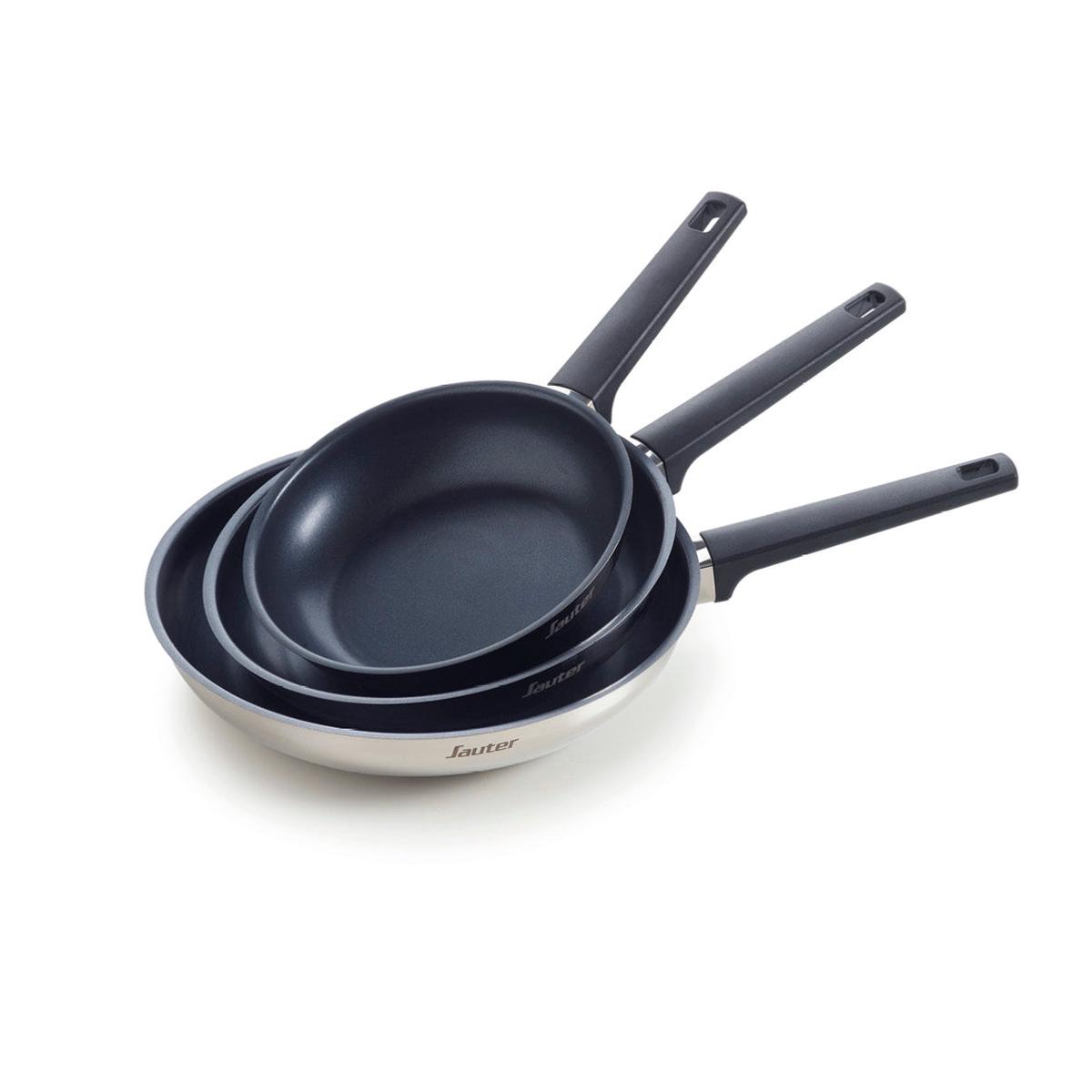 Set of 3 fry pans Qulinox – anti-stick coating – stainless steel -silver