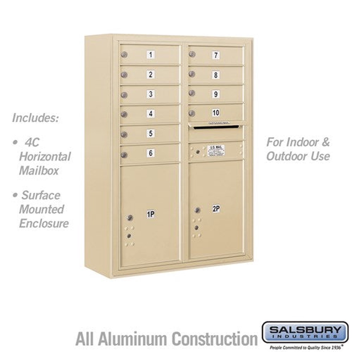 11 Door High Surface Mounted 4C Horizontal Mailbox with 10 Tenant Doors and 2 Parcel Lockers in Sandstone