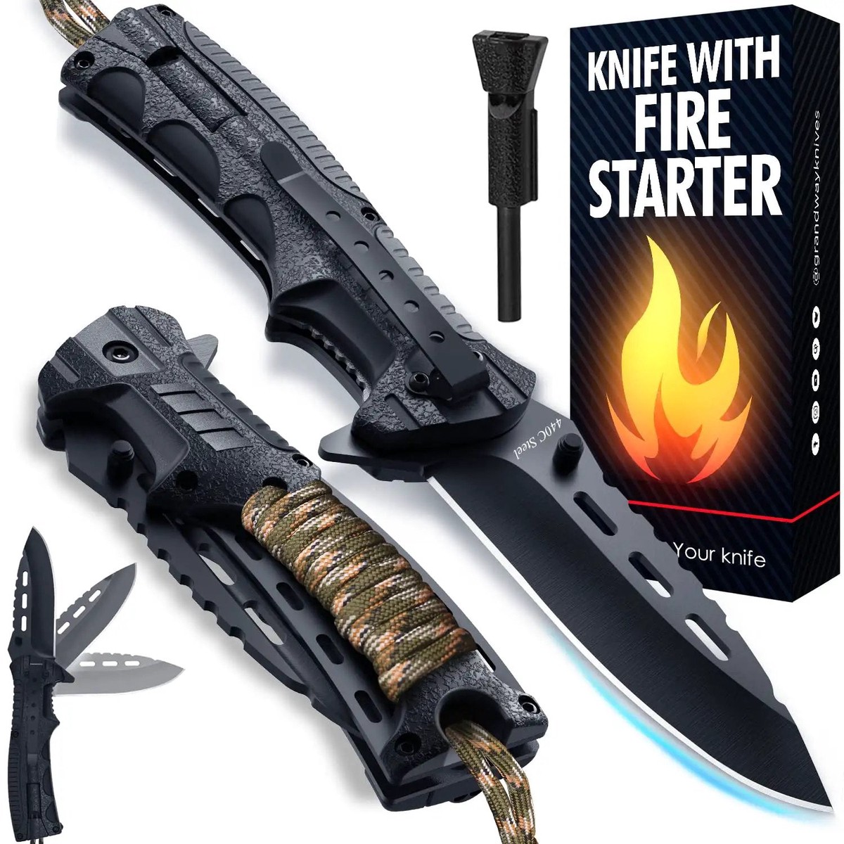 3.74 Inch Sharp Blade Folding Knife With Fire Starter Whistle Paracord Handle Liner Lock EDC Survival Tool for Camping Outdoor Gear for Men Gift for Husband Boyfriend Dad