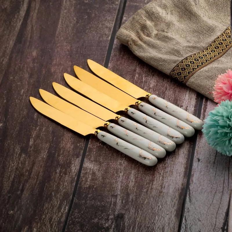 Abstract White Ceramic Handle Stainless Steel Golden Knife Set of 6