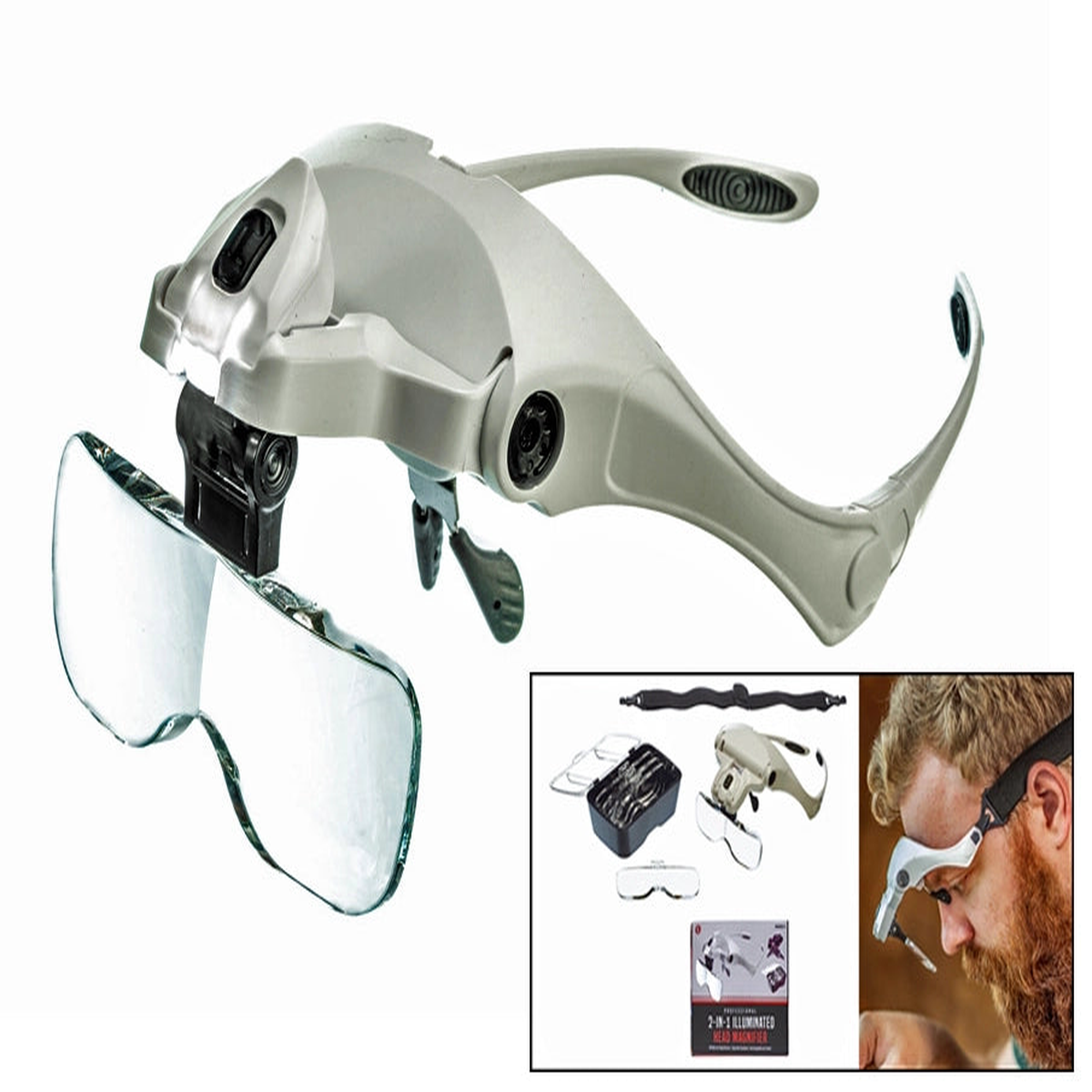 2-IN-1 Illuminated Head Magnifier W/ Head Strap 5 Lens