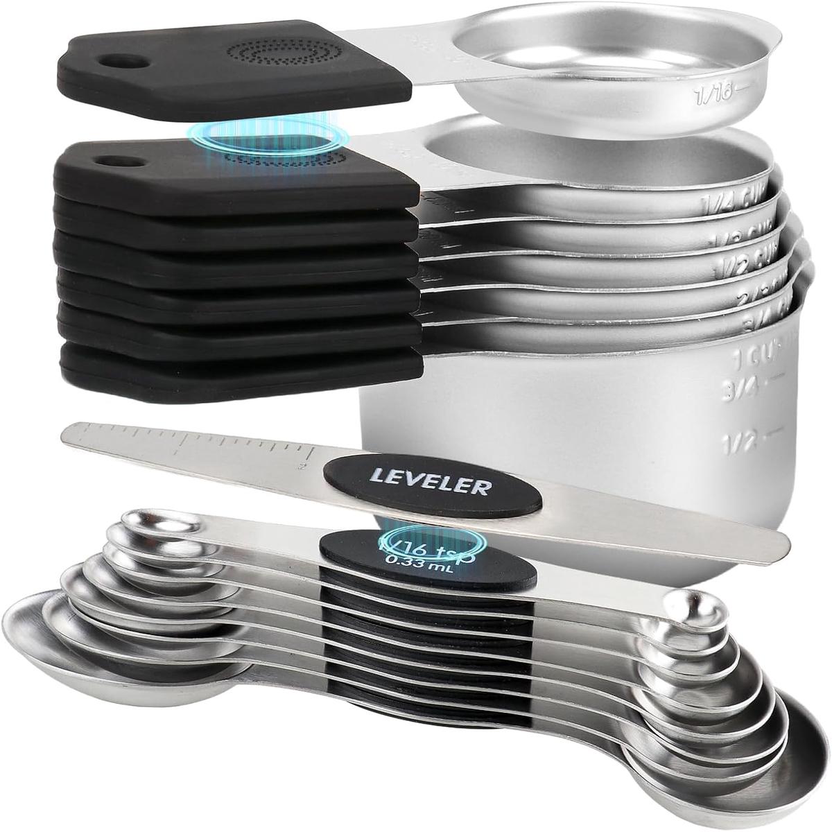 16-Piece Stainless Steel Measuring Cups and Spoons Set, Strong Magnetic Nesting Design 7 Cups 8 Spoons with Leveler, Double Measurement Markings for Dry & Liquid Ingredients, Black