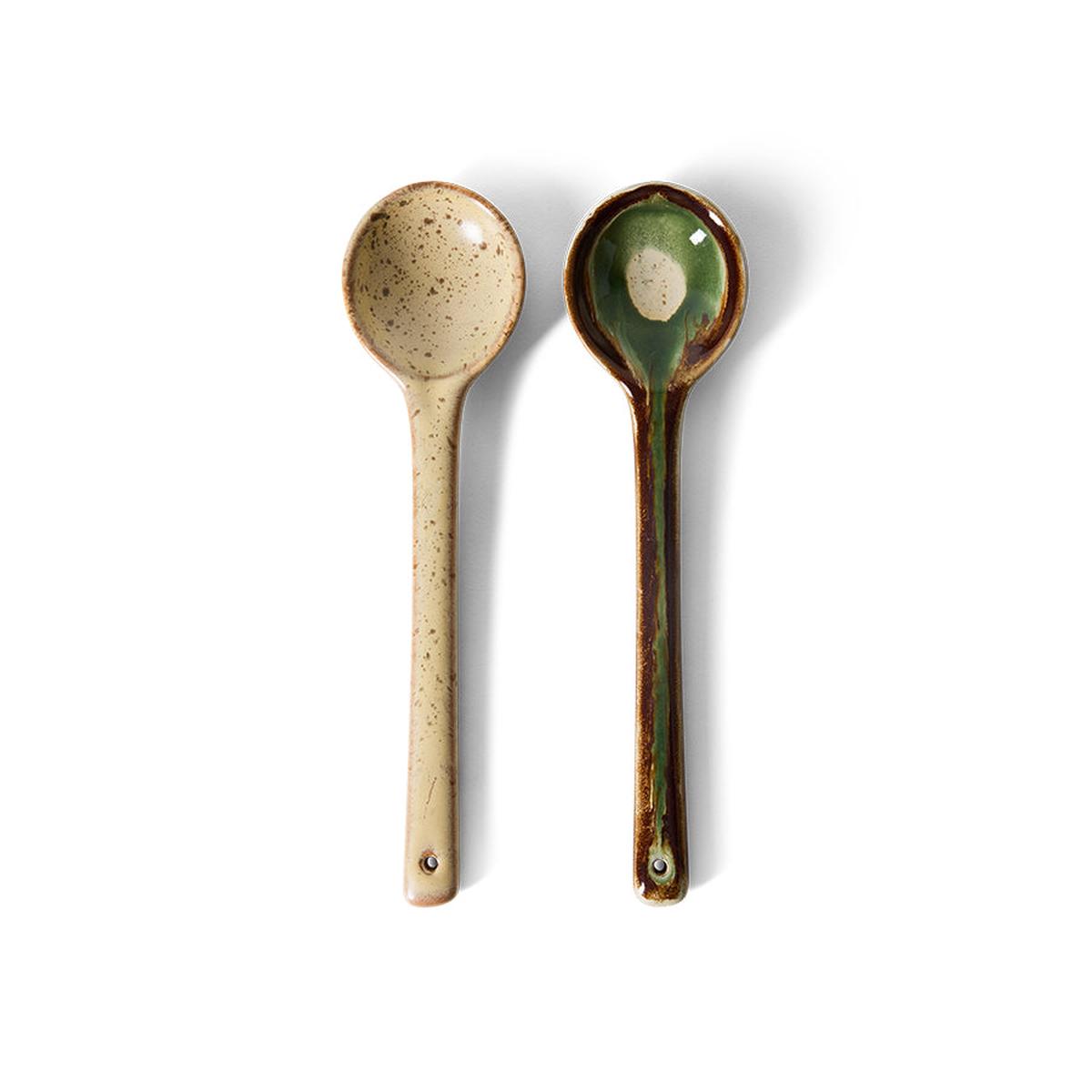 2 Cuillres de service en grs beige et vert 6x23,5x3cm Vaisselle 70s HKLiving