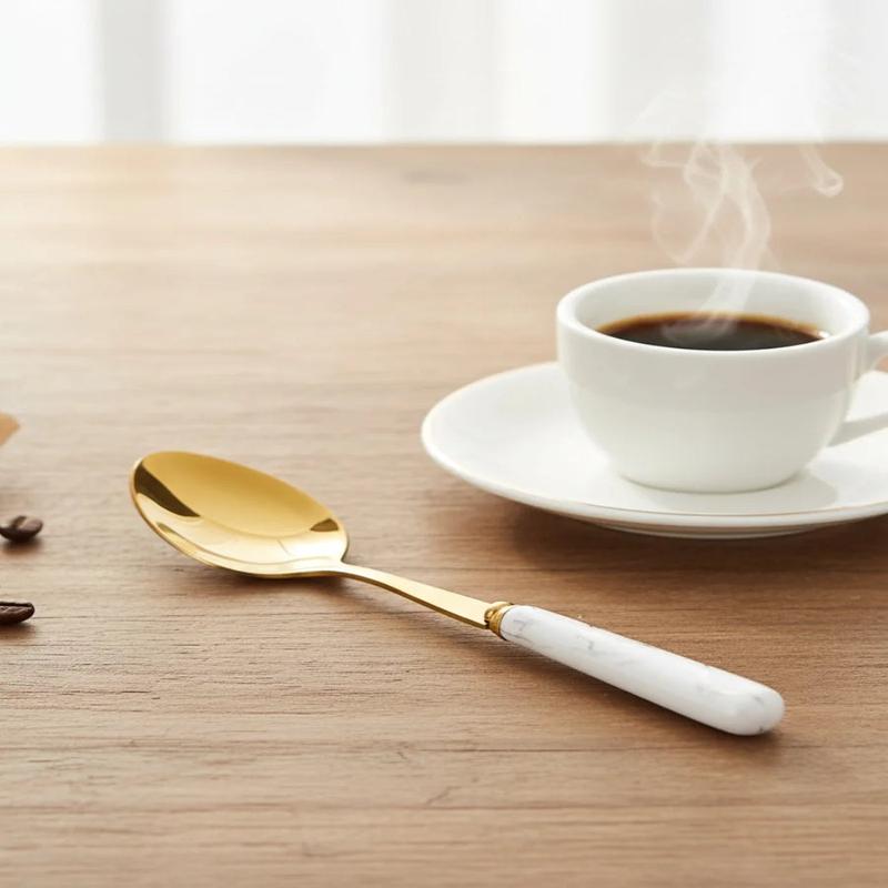 Abstract White Ceramic Handle Small Spoon Set of 12  Stainless Steel