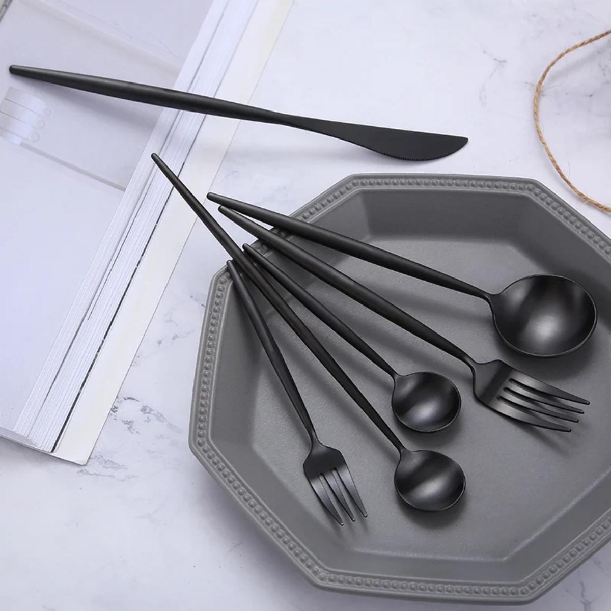 30 Piece Black Stainless Steel Cutlery Set for Elegant Dining
