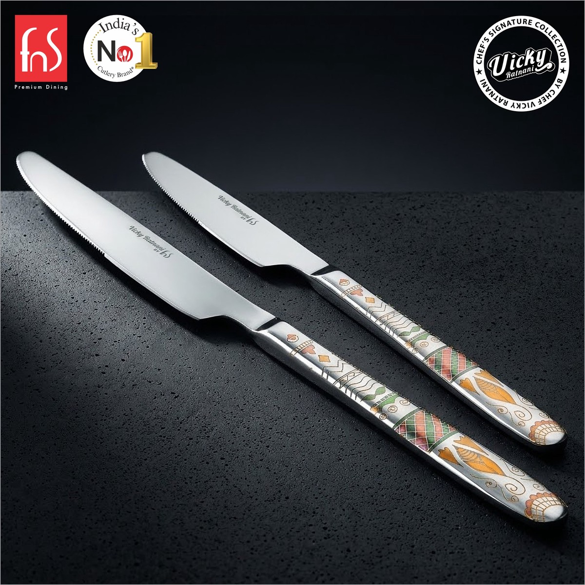 Chef Vicky Ratnani's Signature Collection By FnS Wales Dessert Knife/Dinner knife/Butter knife 2 Pcs Set | Premium artistic & contemporary craftsmanship detailing Handle Design Cutlery for Home,