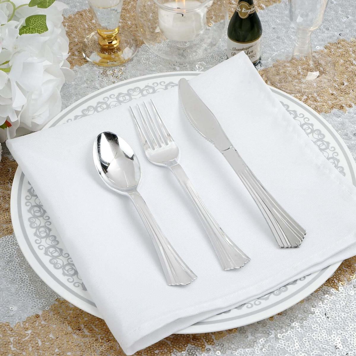 24-Pack Plastic Utensil Set 6", 7" Silver Heavy Duty with Fluted Handles - Disposable Silverware