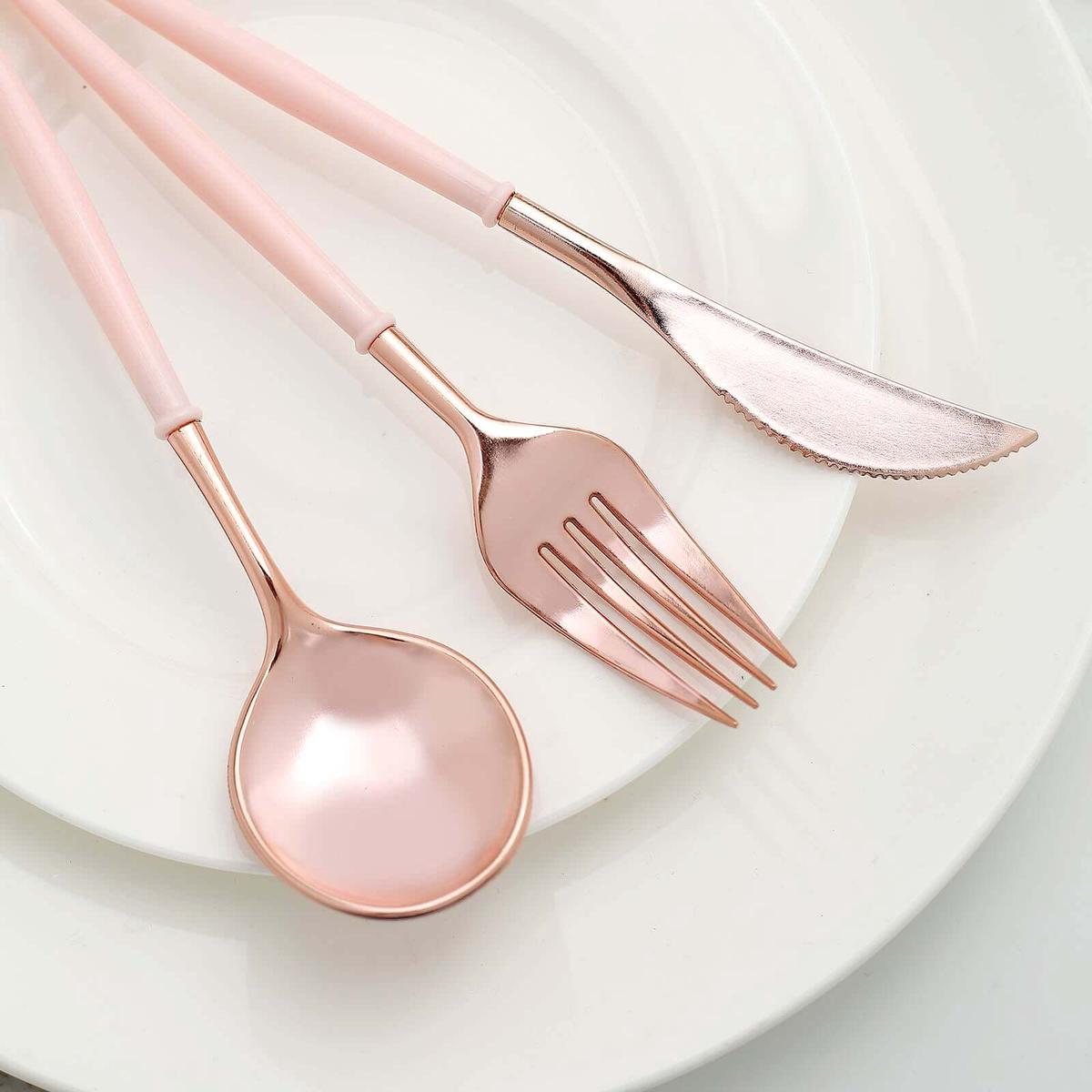 24-Pack Plastic Flatware Set 8" Rose Gold with Blush Handle - Modern Heavy Duty Disposable Silverware
