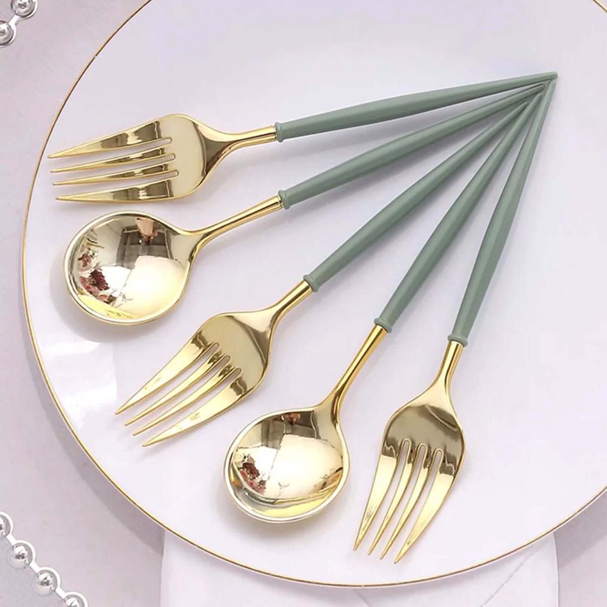 24-Pack Plastic Utensil Set 6" Metallic Gold/Dusty Sage Green - Premium Modern Heavy Duty Disposable Fork and Spoon