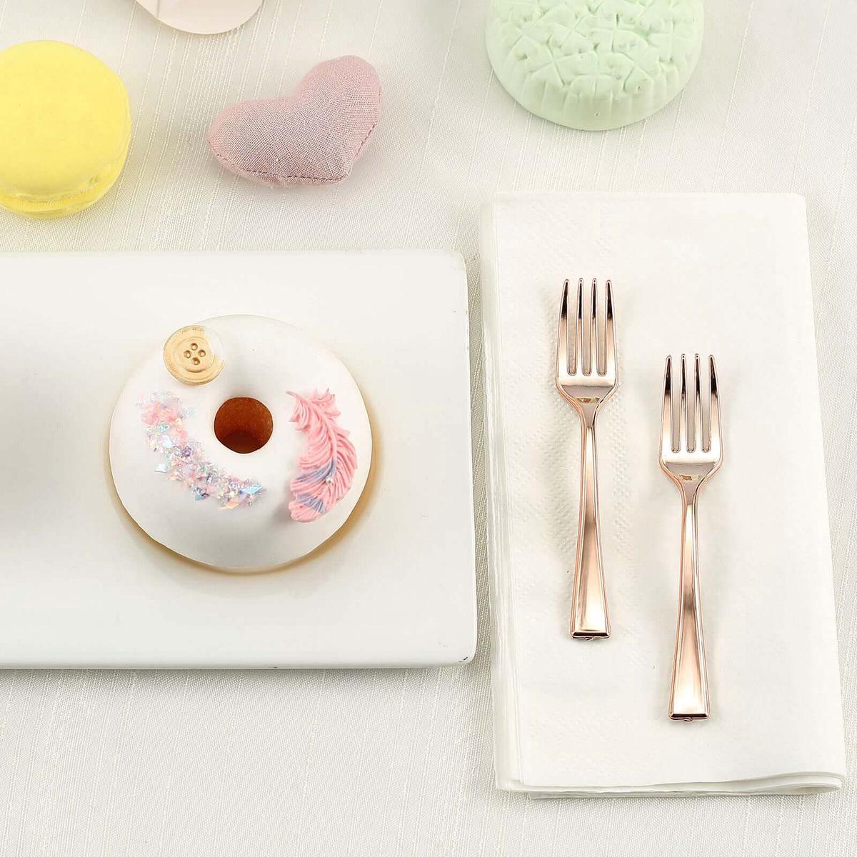 24-Pack Plastic Mini Dessert Forks 4" Rose Gold - Heavy Duty Disposable Appetizer Forks