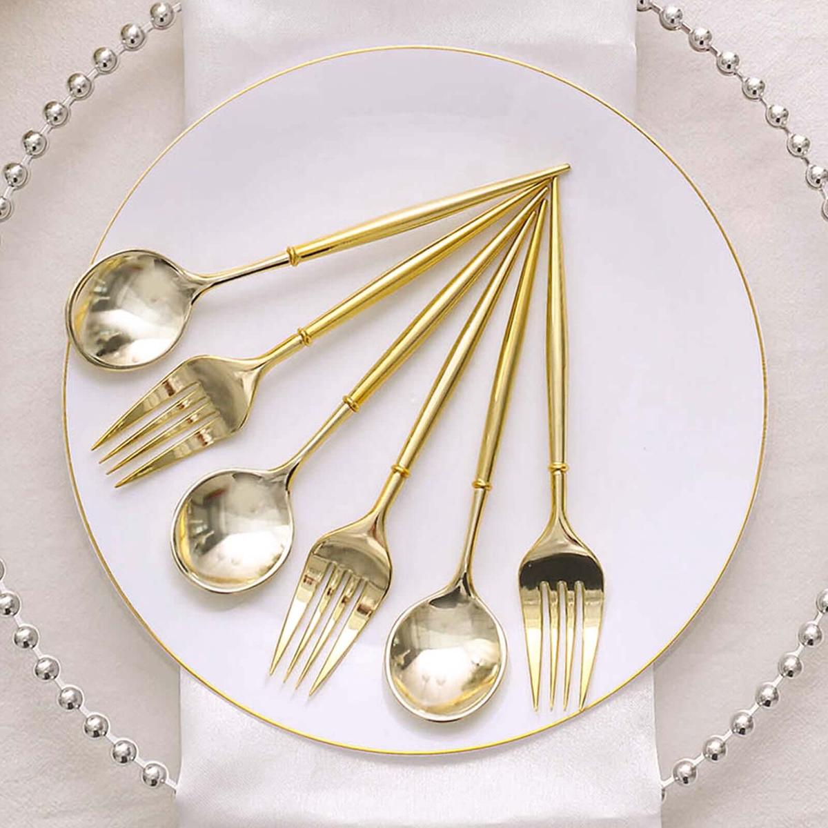 24-Pack Plastic Utensil Set 6" Metallic Gold - Premium Modern Heavy Duty Disposable Fork and Spoon