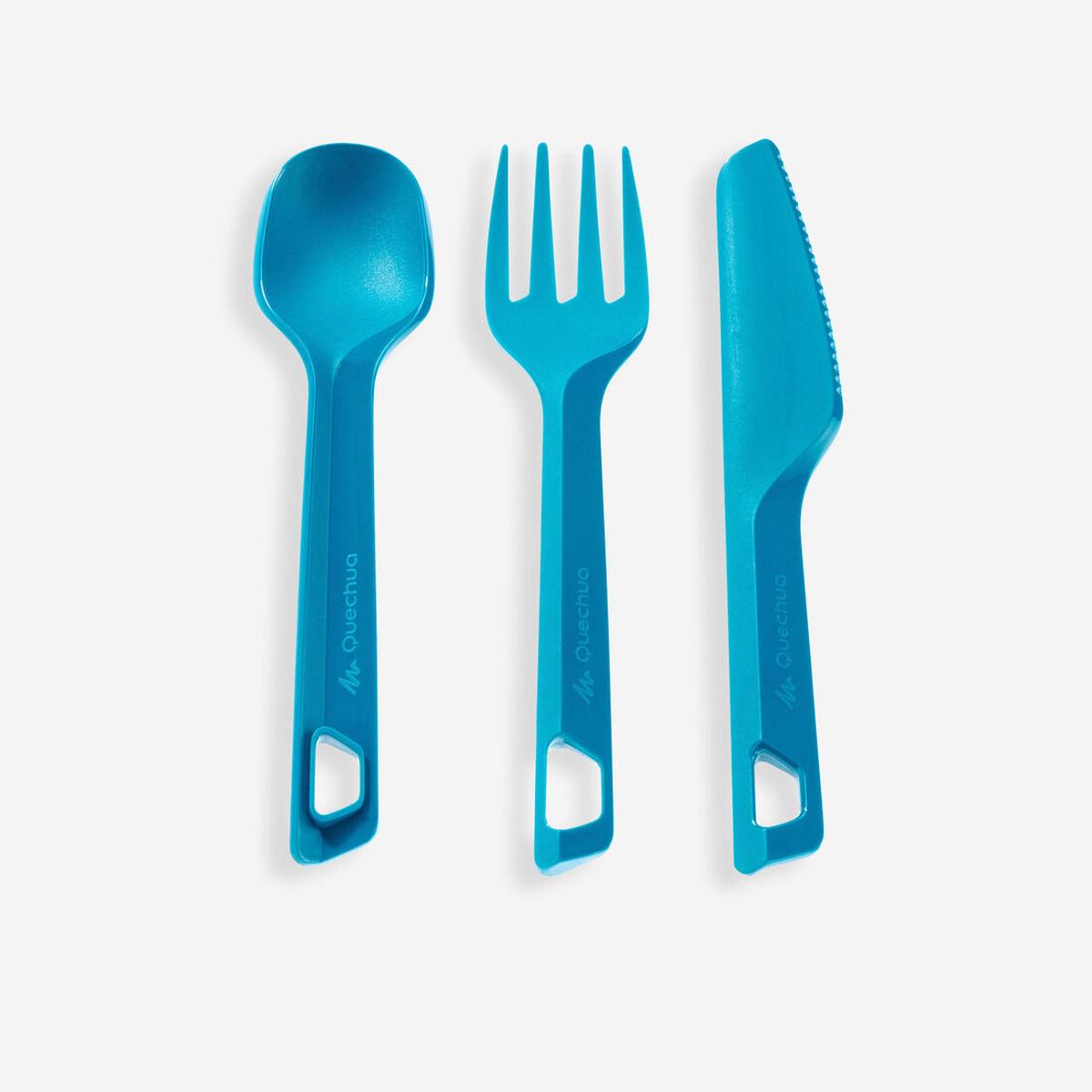 3-piece cutlery set for camping in blue plastic