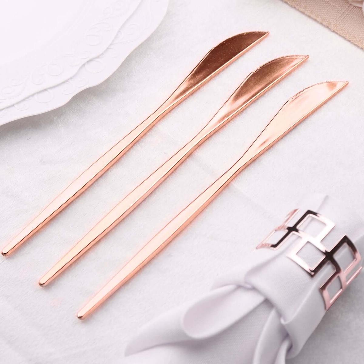 24-Pack Plastic Knives 8" Glossy Rose Gold - Heavy Duty Premium Disposable Flatware Cutlery