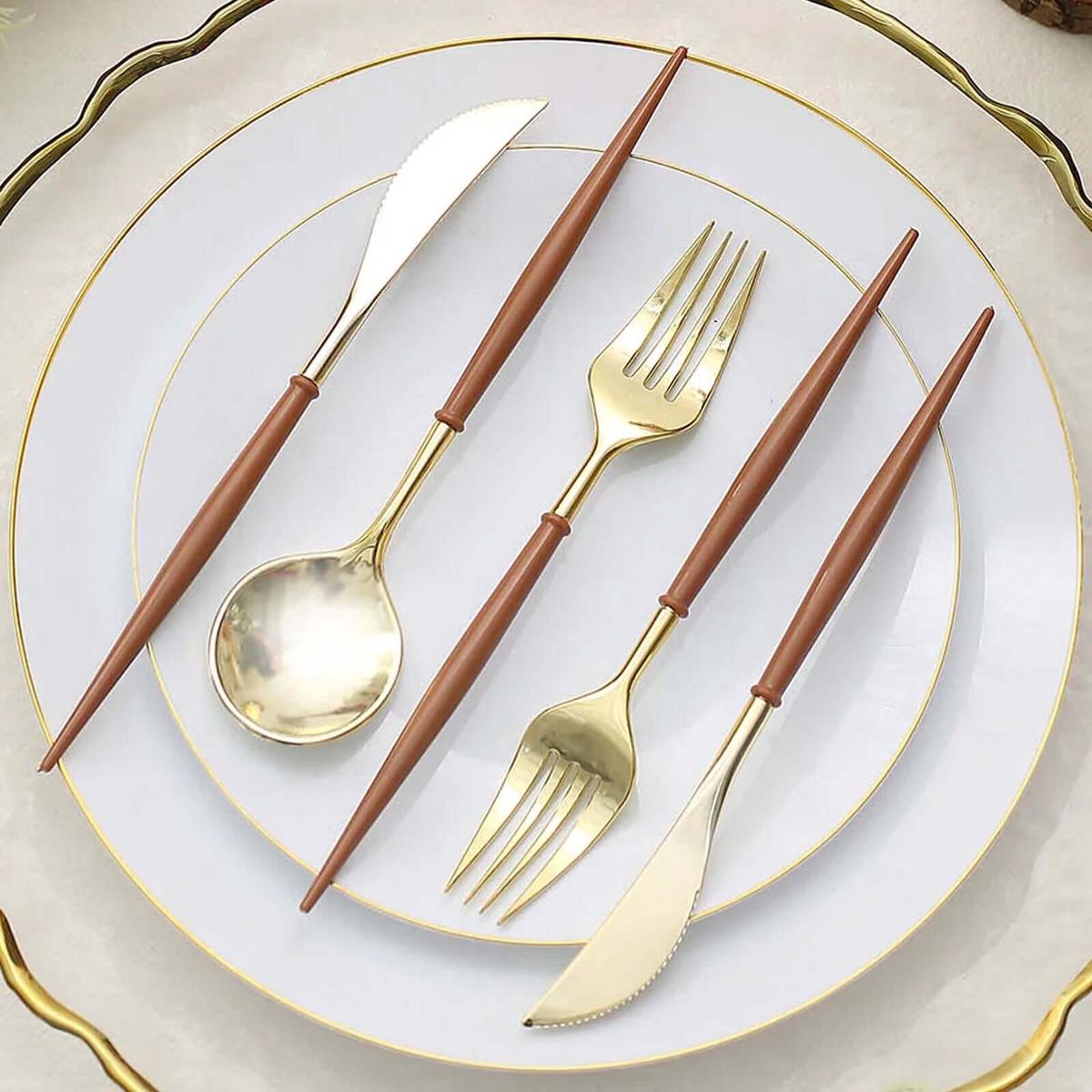 24-Pack Plastic Flatware Set 8" Metallic Gold with Brown Handle - Modern Heavy Duty Disposable Silverware