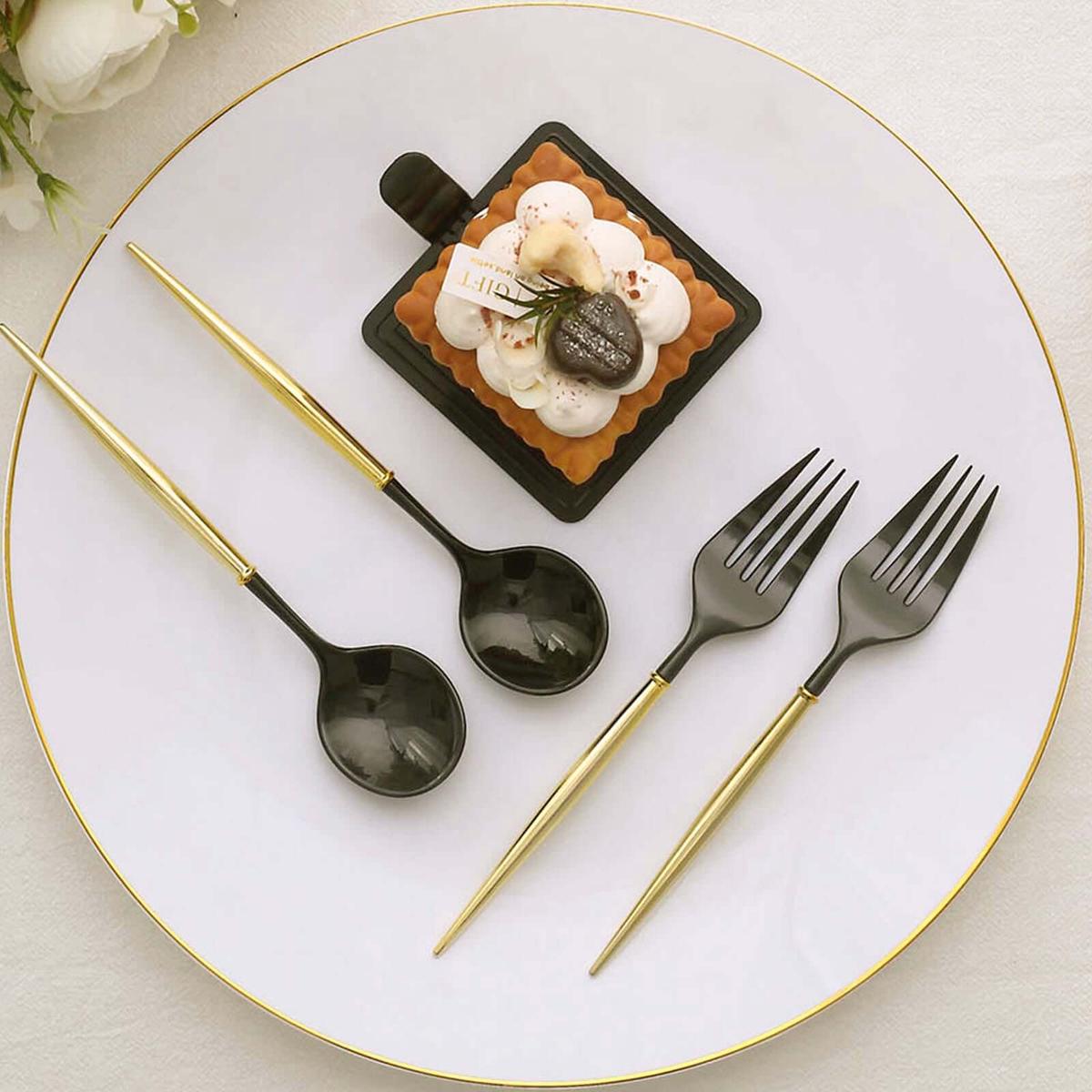 24-Pack Plastic Utensil Set 6" Black/Gold - Premium Modern Heavy Duty Disposable Fork and Spoon