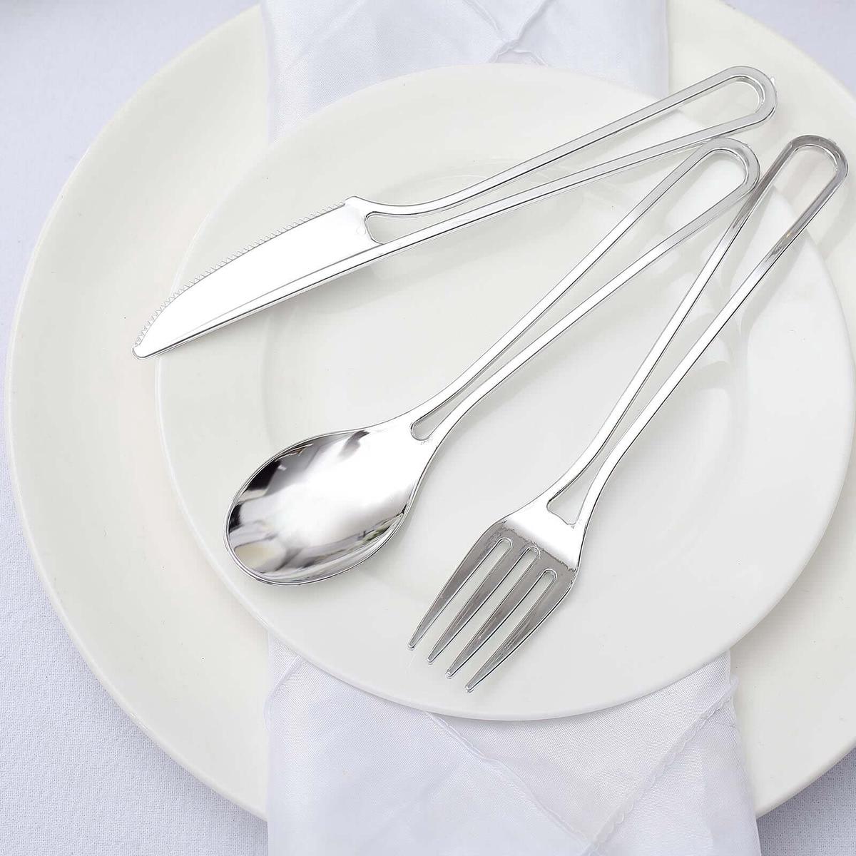 24-Pack Plastic Utensil Set 7" Silver with Modern Hollow Handle Design - Disposable Forks, Spoons, and Knives
