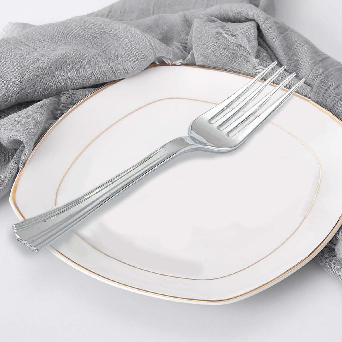 25-Pack Plastic Forks 7" Silver Heavy Duty with Fluted Handles - Disposable Utensils